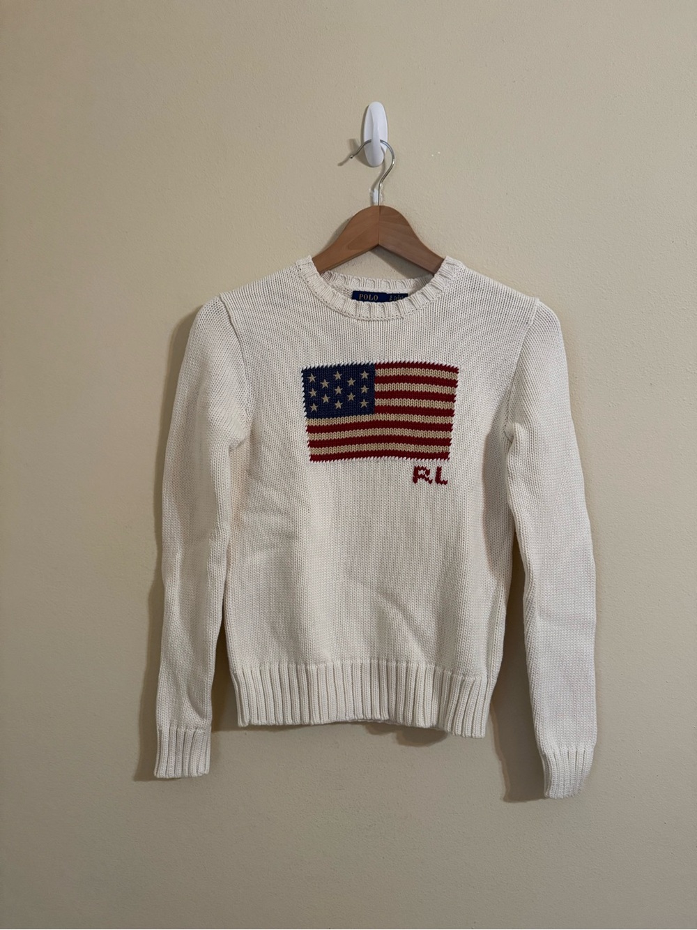 Ralph Lauren White Crewneck Sweater with Flag Motif